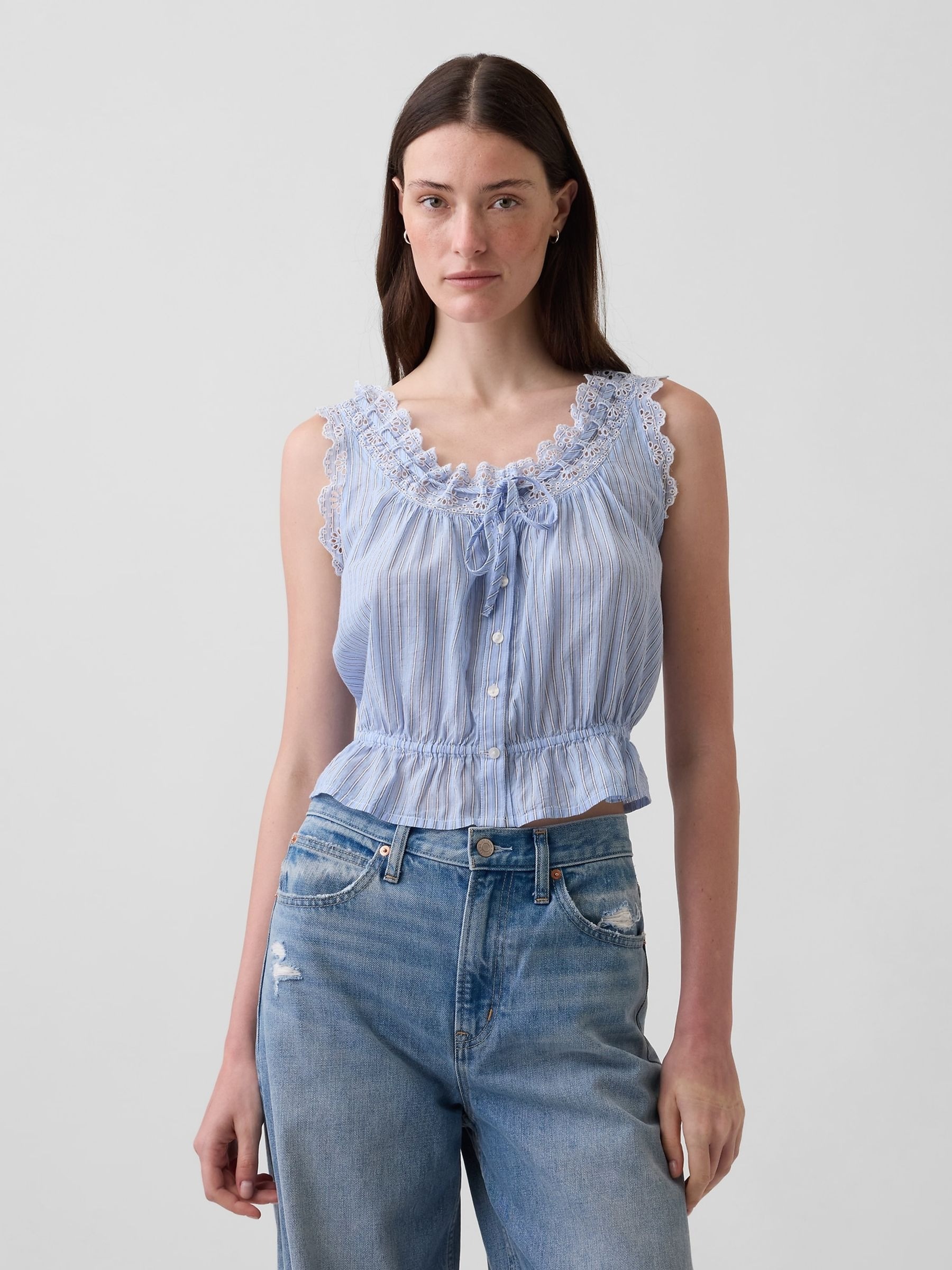 GAP, Blue Eyelet Tie-Front Crop Peplum Scoop Neck Top