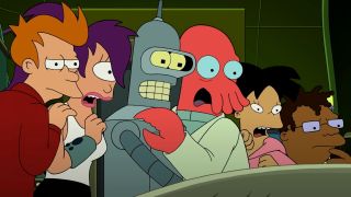 The Planet Express crew looks on in horror in the lab in Futurama.