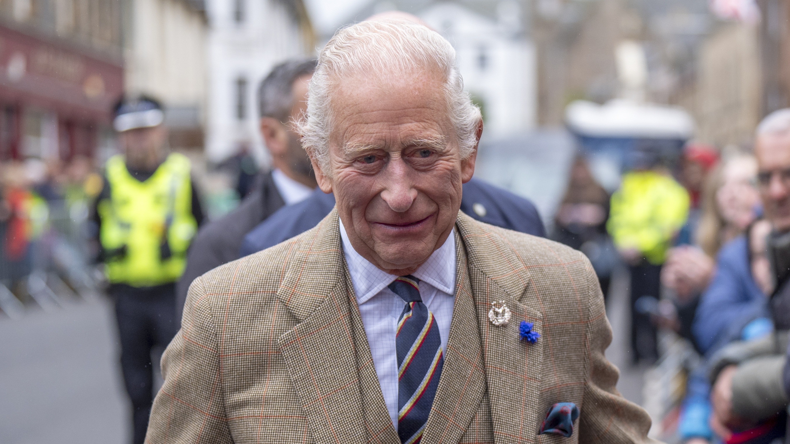 King Charles III meets members of the public in Campbeltown Main Street, as part of his trip to Scotland for Holyrood Week, on July 3, 2025