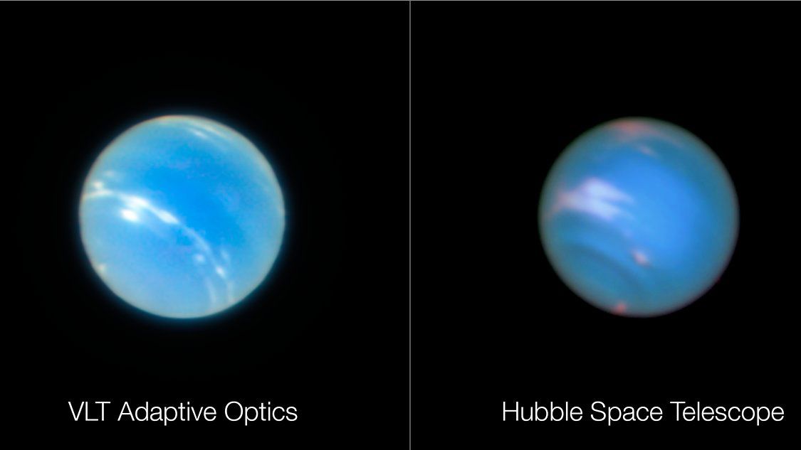 An image of Neptune taken by the Very Large Telescope of the European Southern Observatory (on the right) and one captured by the Hubble Space Telescope (on the left).