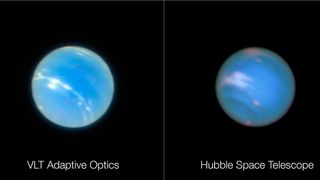 An image of Neptune taken by the Very Large Telescope of the European Southern Observatory (on the right) and one captured by the Hubble Space Telescope (on the left).