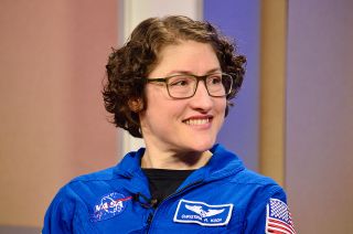 Astronaut Christina Koch at her first NASA press conference after landing from her record-setting mission at NASA's Johnson Space Center in Houston on Feb. 12, 2020.