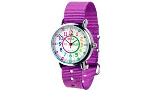 analogue watch with mulitcoloured face and purple strap