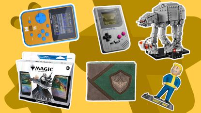 Retro consoles, Final Fantasy MTG cards, a Zelda wallet, Lego AT-AT, and Vault Boy on a yellow background