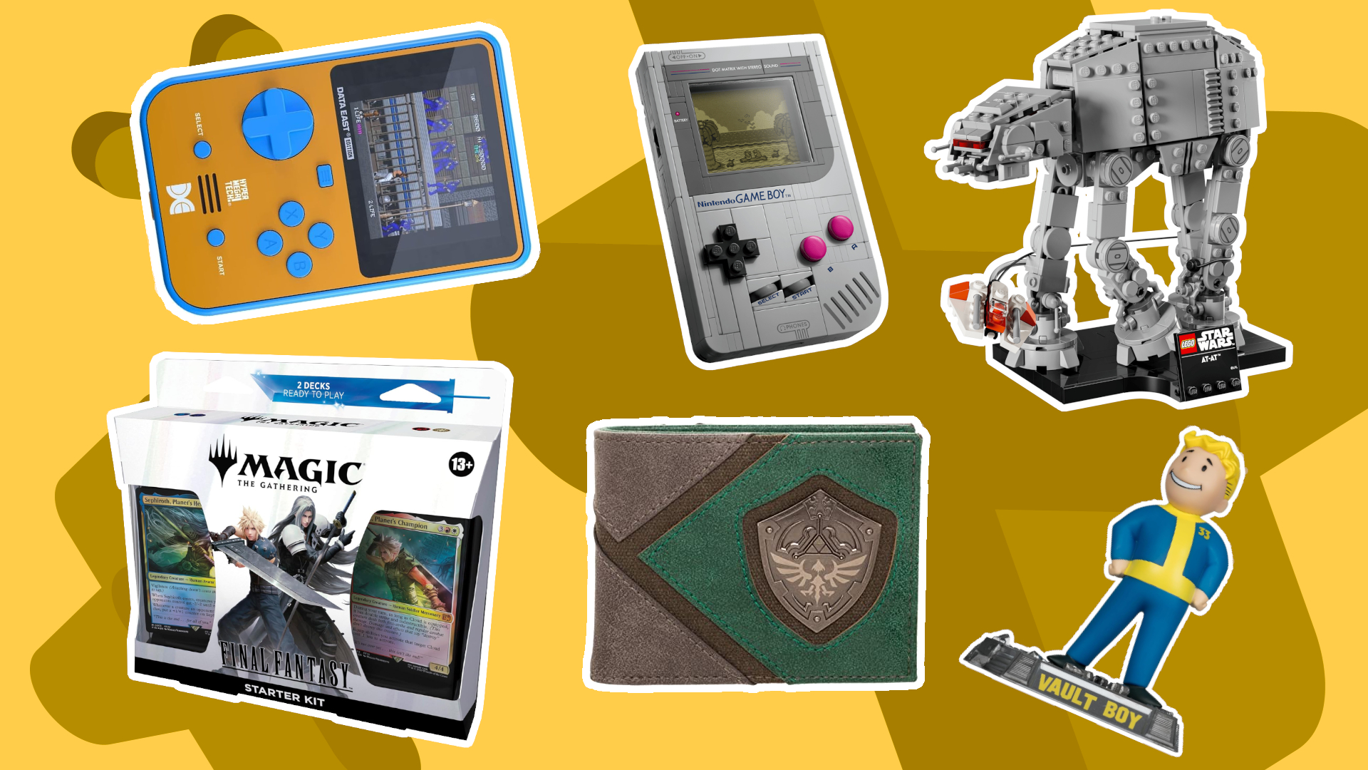 Retro consoles, Final Fantasy MTG cards, a Zelda wallet, Lego AT-AT, and Vault Boy on a yellow background