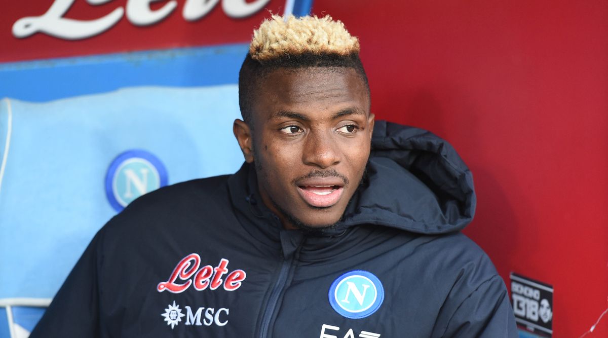 Manchester United rumoured transfer target Victor Osimhen of Napoli looks on from the bench during the Serie A match between Napoli and Hellas Verona at the Stadio Diego Armando Maradona on April 15, 2023 in Naples, Italy.