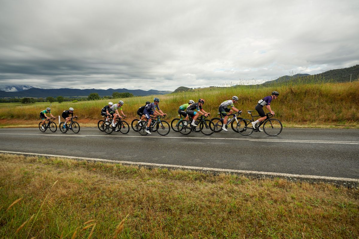 The Men's A grade break early in stage 1 of the Tour of Bright