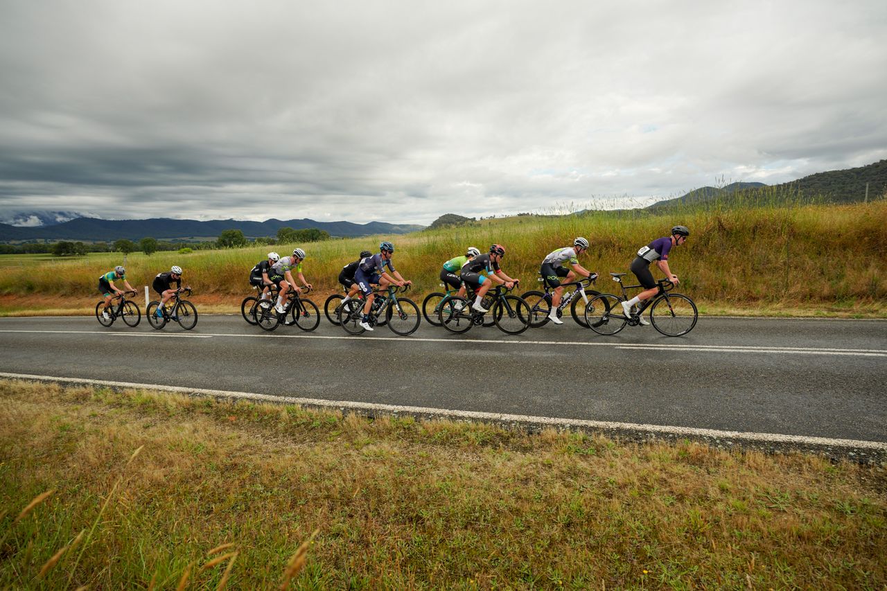 The Men's A grade break early in stage 1 of the Tour of Bright