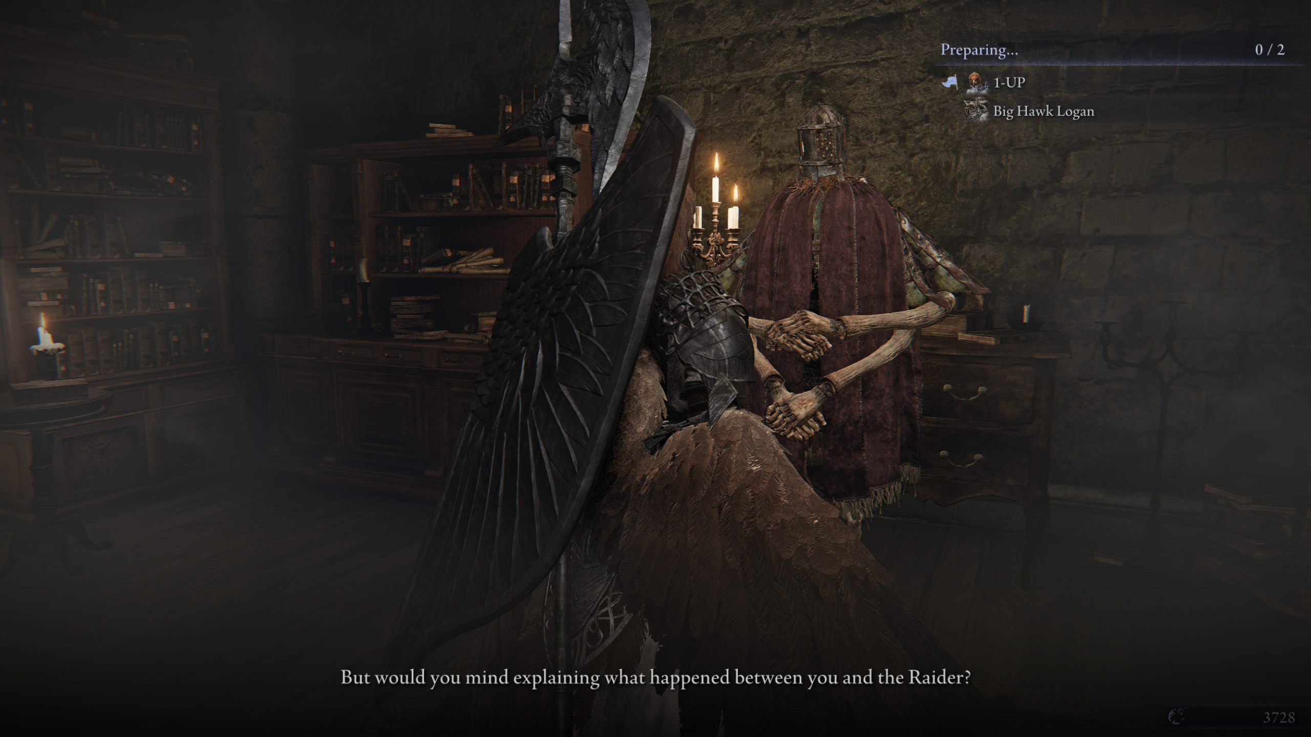Elden Ring Nightreign memory fragments journal: Guardian talking to Iron Menial in the Roundtable Hold during a Remembrance mission.