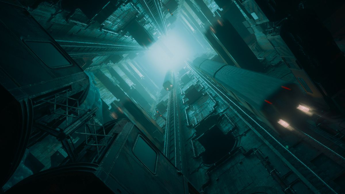 A shot looking up towards the sky surrounded by buildings during the Control Resonant trailer.