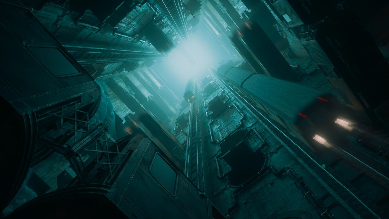 A shot looking up towards the sky surrounded by buildings during the Control Resonant trailer.