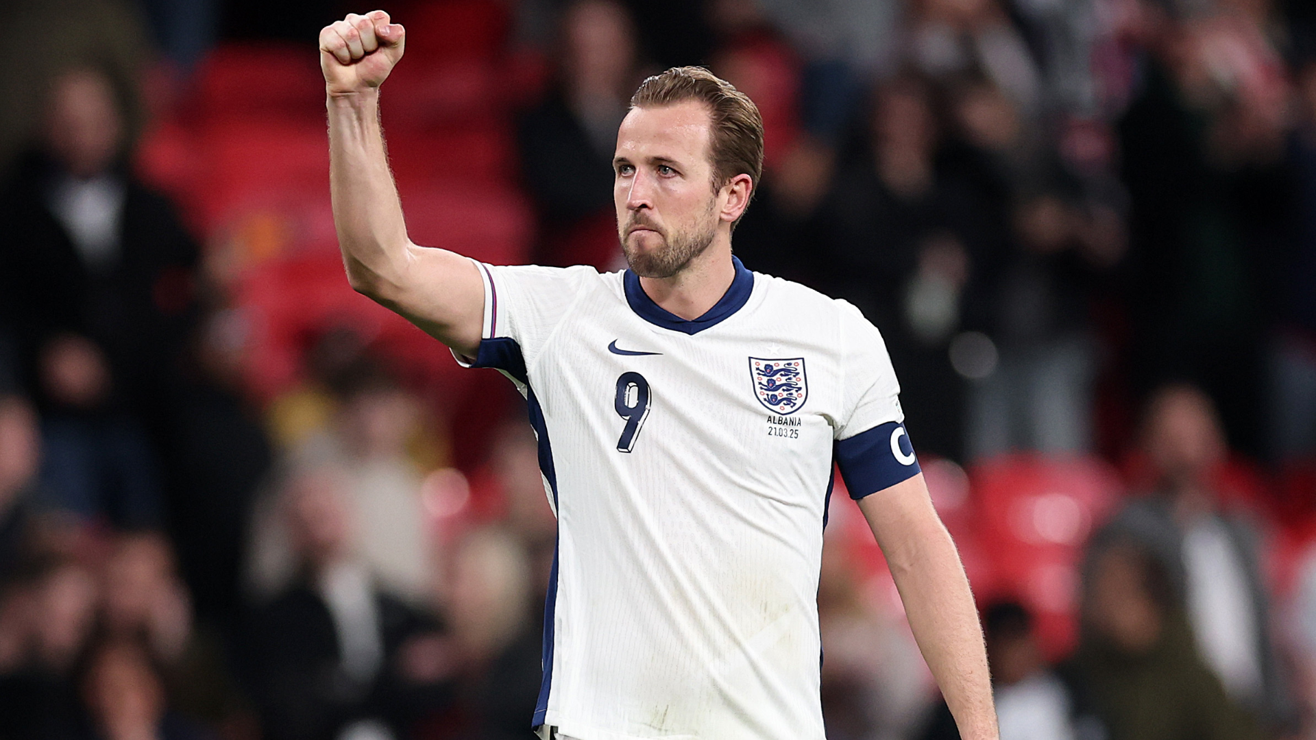 Harry Kane of England celebrates victory following the FIFA World Cup 2026 European Qualifier between England and Albania at Wembley Stadium on March 21, 2025 in London, England.