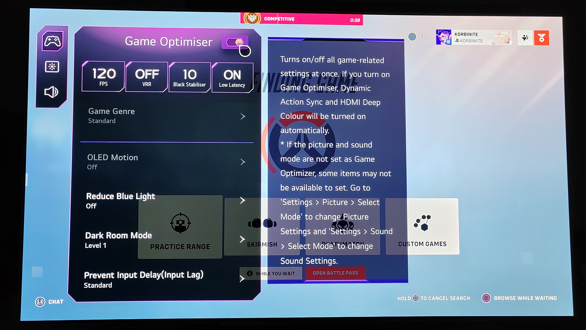 LG OLED G3's game optimizer showing the UI menu and options over a the Overwatch in-game menus.