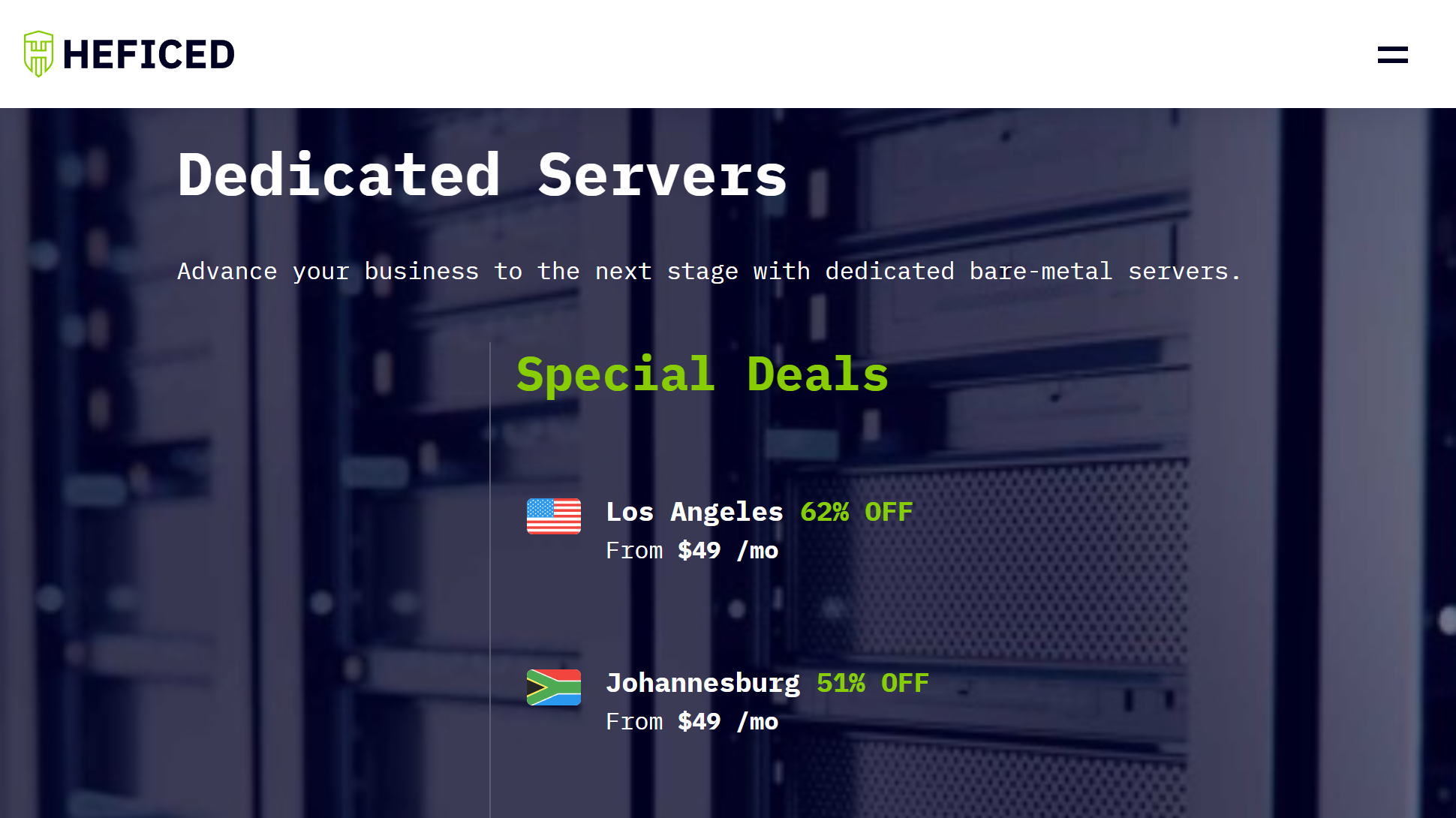 Website screenshot for Heficed bare metal servers