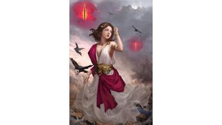 Painting of woman in toga staring dramatically into a stormy sky