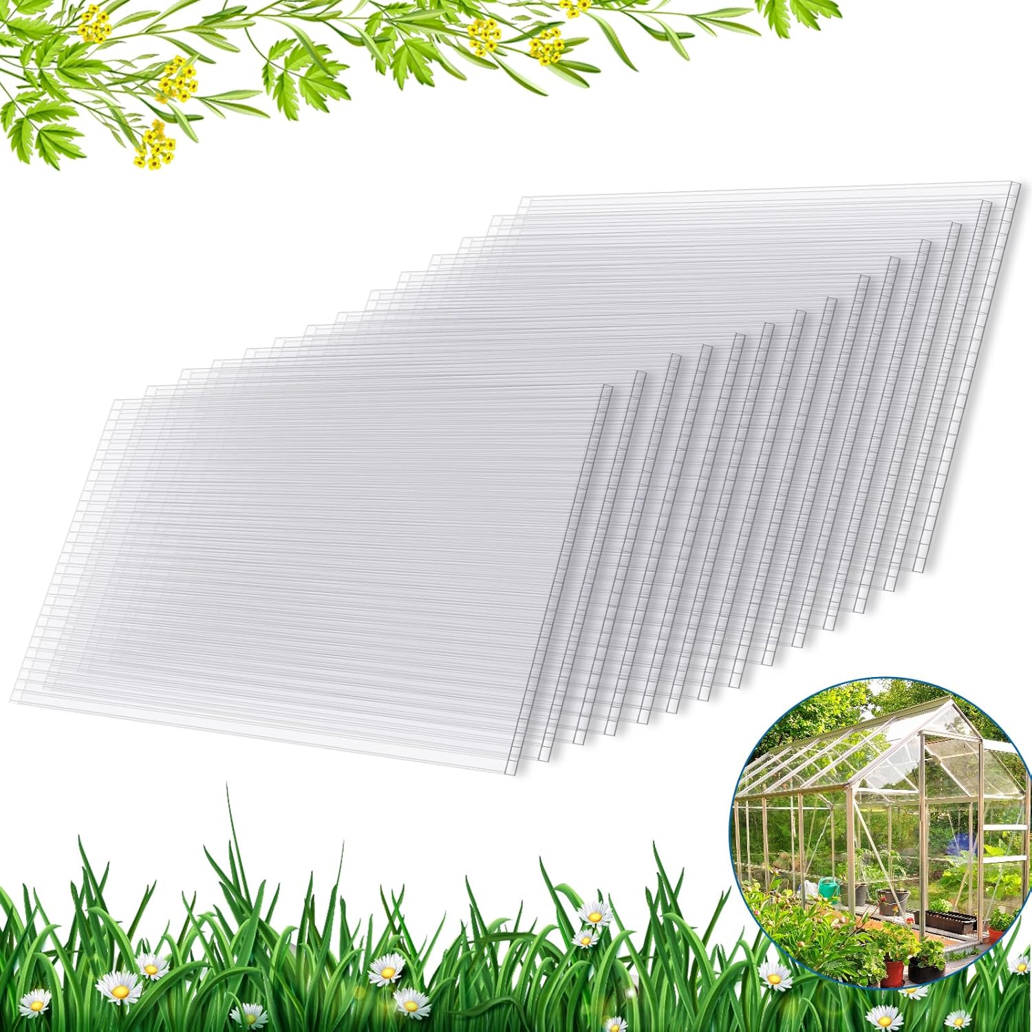 Polycarbonate Greenhouse Panels, 14 Pack Twin Wall 4mm Sheets, 4&#039; (w) X 2&#039;(l) X 0.16&amp;rdquo; - Impact and Shatterproof, Waterproof, Uv Protected, All-Weather Outdoor Clear Roof Panels