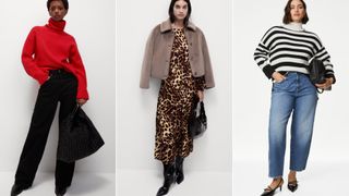 Three models wearing various clothes from M&S including a leopard print dress, a red jumper and barrel leg jeans