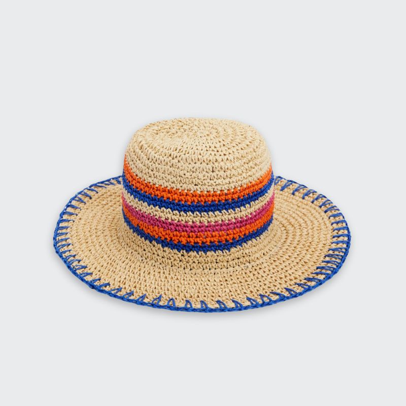 A cutout of a Boden straw hat edged with blue thread