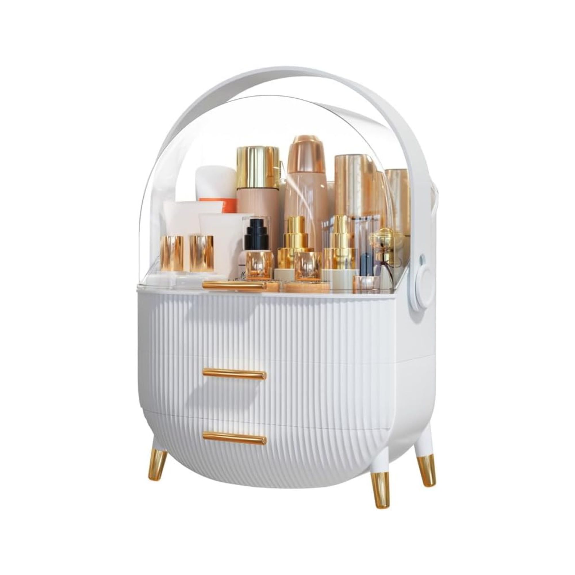 A white makeup organizer with bottles inside it and gold feet and handles