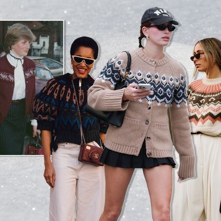 A collage of Princess Diana, Tamu McPherson, Hailey Bieber, a fashion week guest, and Kate Middleton wearing Fair Isle sweaters on a background of snow