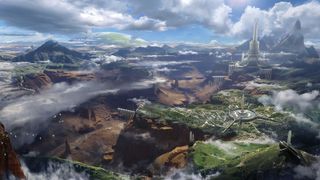 A render of a fantasy landscape, fields, cliffs and a tower
