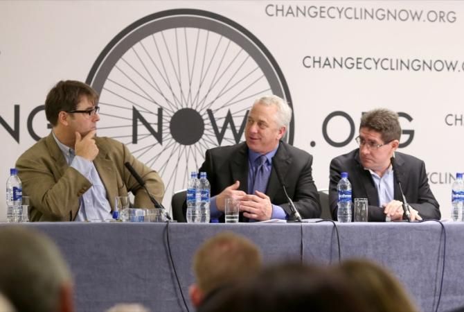 Jaimie Fuller, Greg LeMond and Paul Kimmage at the Change Cycling Now press conference.