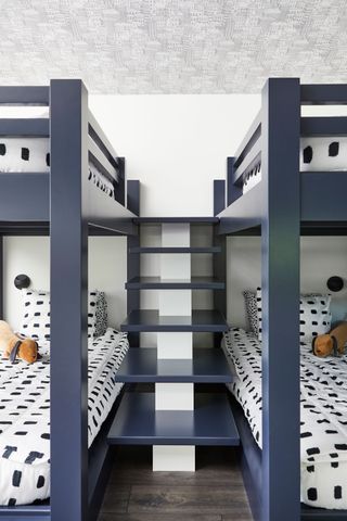 a black and white kids sharing room with two bunk beds