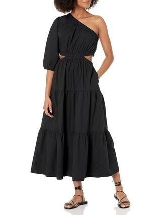 The Drop Women's April One Shoulder Cut-Out Tiered Midi Dress, Black, Xxs