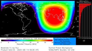 map showing a large red region which depicts the highest degraded frequency, the area lies over Asia and the Indian Ocean.