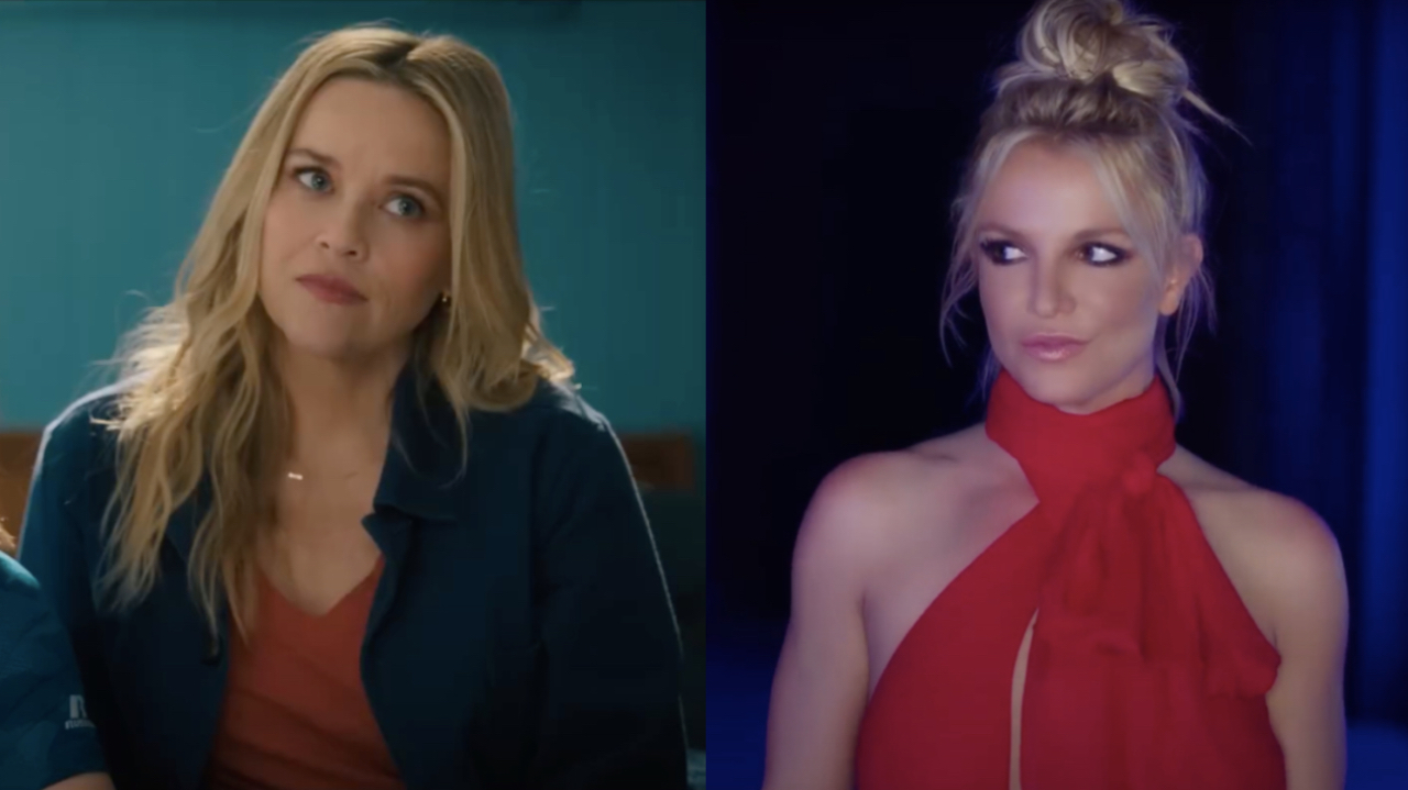 Reece Witherspoon from Your Place or Mine/ Britney Spears in Slumber Party Music Video (side by side)