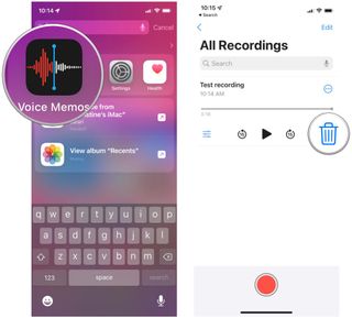 Delete voice memos on iPhone by showing: Open Voice Memos, select recording to delete, tap Delete