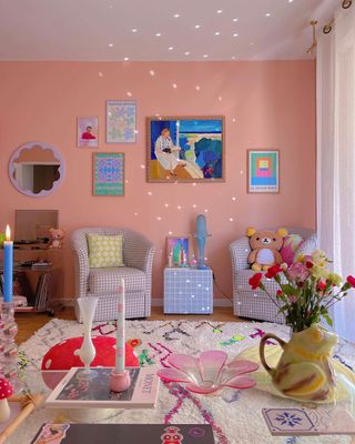 Pink living room with tiled side table