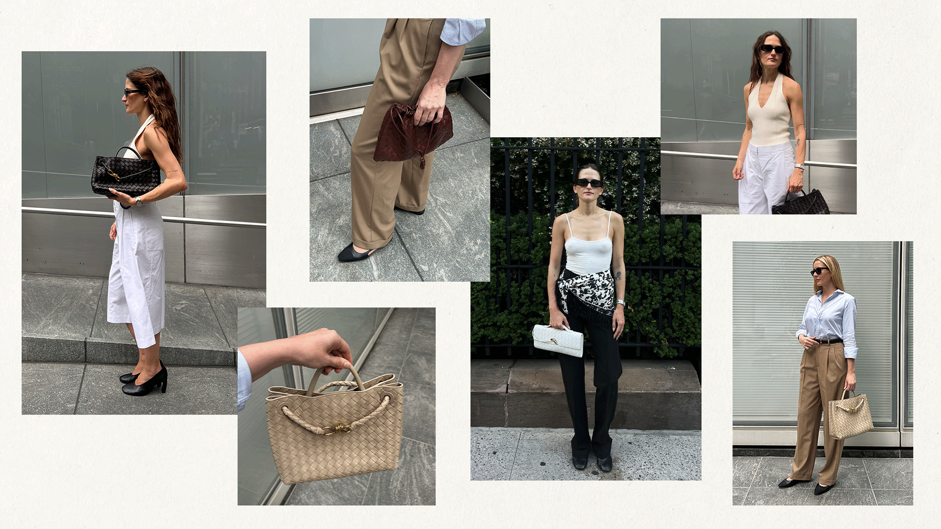 A collage of photos of Eliza Huber and Kristen Nichols wearing various Bottega Veneta intrecciato bags, including the Andiamo and the Dustbag.