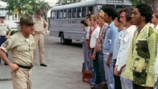 A drill sergeant yelling at new recruits in The Boys in Company C