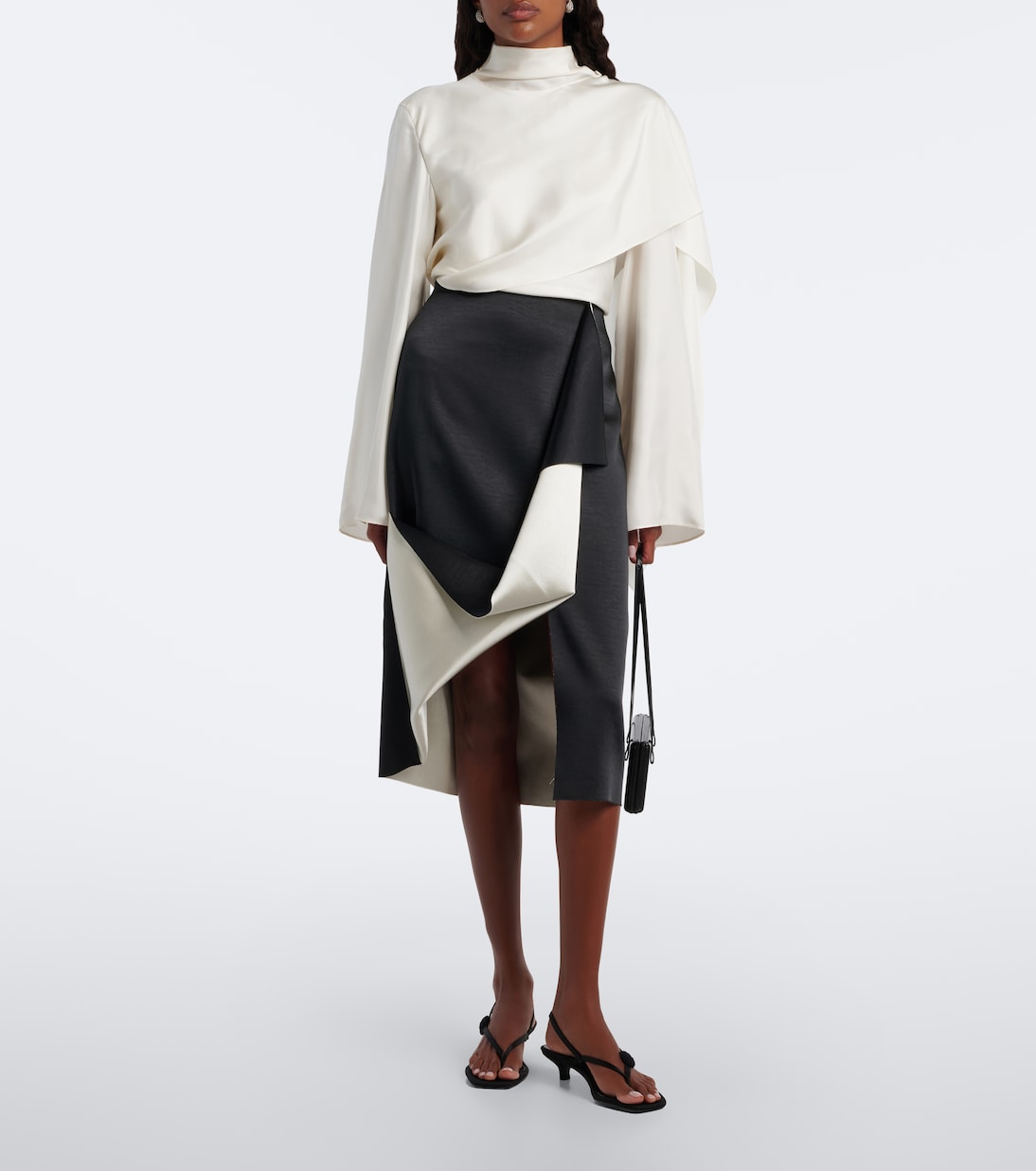 Draped Asymmetric Satin Midi Skirt