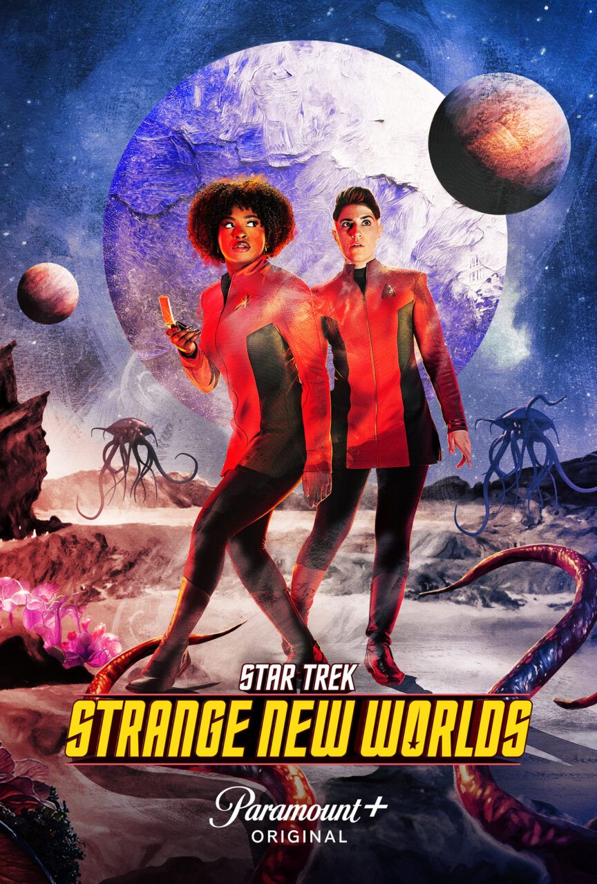 Two red-and-black uniformed sci-fi characters on an alien planet with monsters