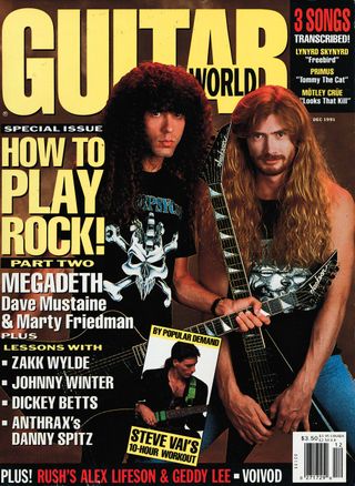 The cover of Guitar World December 1991 featuring Marty Friedman [left] and Dave Mustaine of Megadeth, both of whom are holding black Jackson guitars.