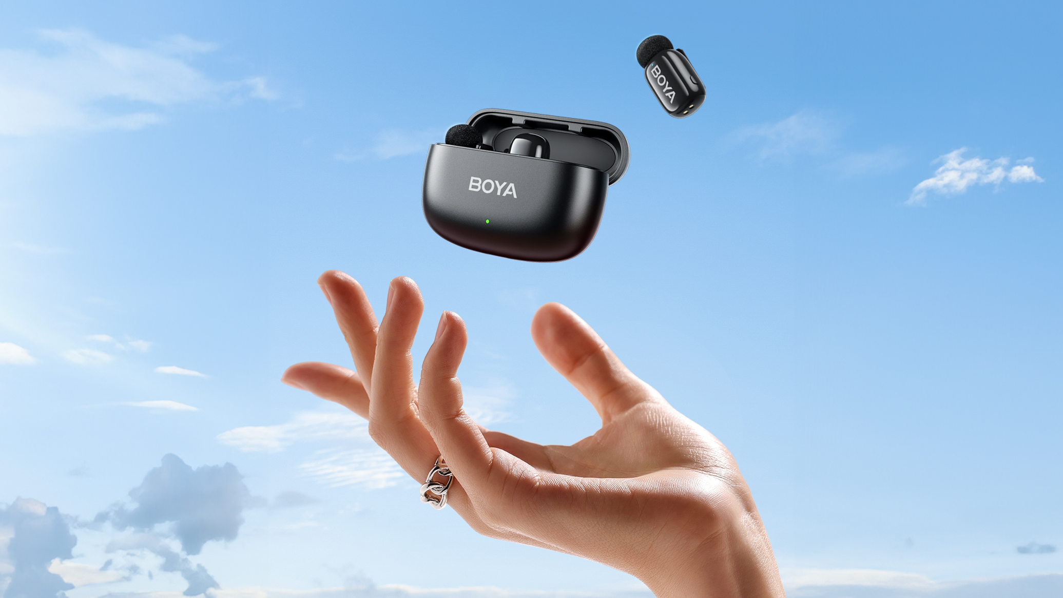 Boya Mini wireless mic kit thrown into the air with blue sky background