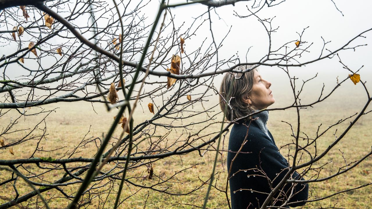 Middle age woman walking in winter forest