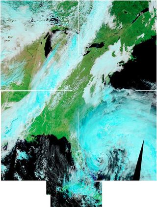 A panorama of images captured by NASA's MODIS satellite of Sandy off the U.S. eastern seaboard on Oct. 26, 2012.