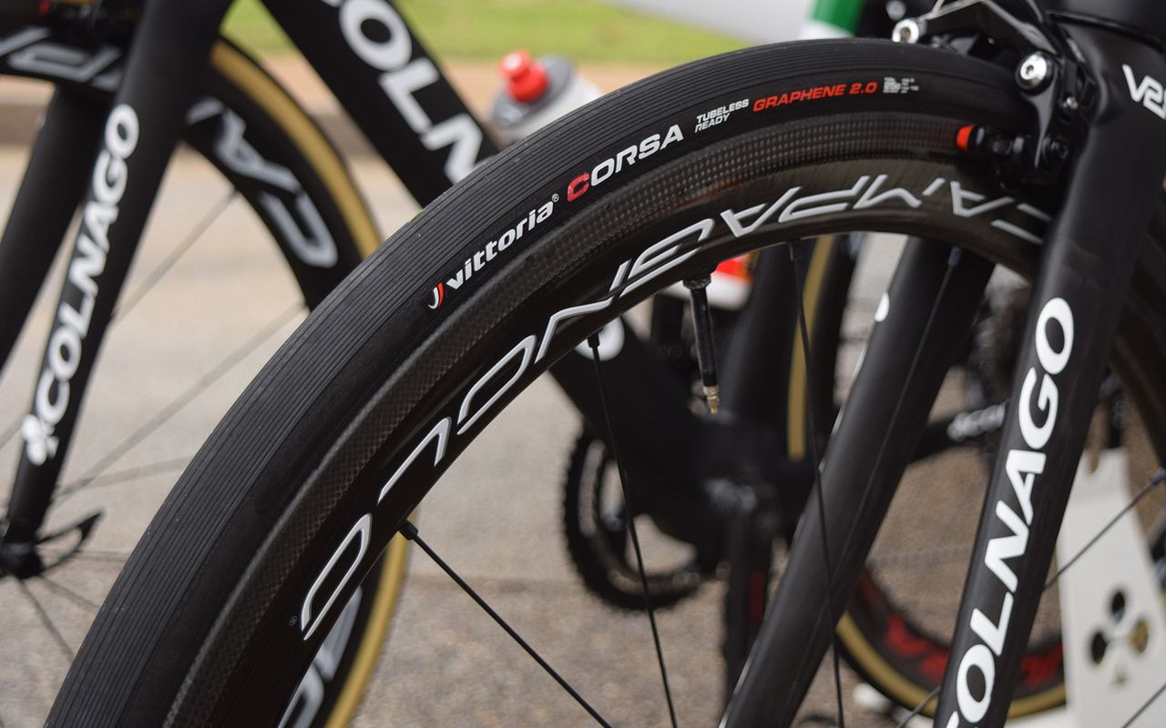 Vittoria Corsa Graphene 2.0 tubeless ready tyres are being used by UAE Team Emirates riders