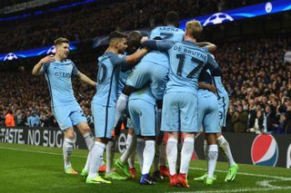 Manchester City players celebrate a goal against Monaco in the Champions League in February 2017.