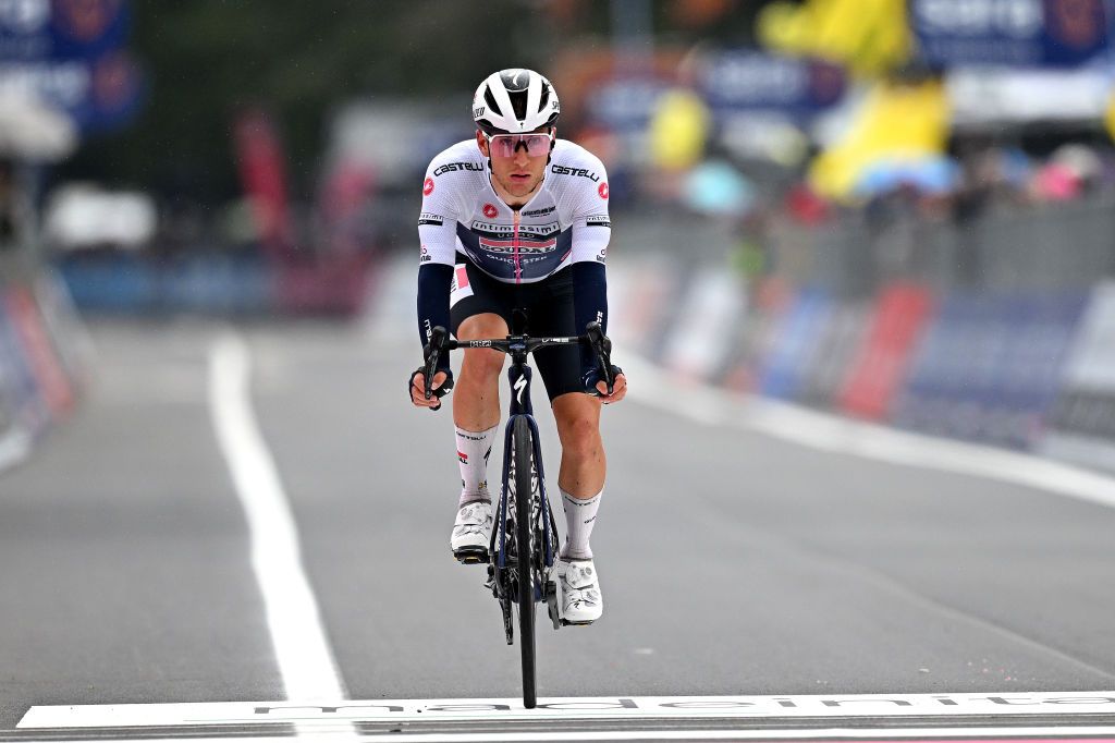 LAGO LACENOBAGNOLI IRPINO ITALY MAY 09 Ilan Van Wilder of Belgium and Team Soudal Quick Step White best young jersey crosses the finish line during the 106th Giro dItalia 2023 Stage 4 a 175km stage from Venosa to Lago Laceno 1059m Bagnoli Irpino UCIWT on May 09 2023 in Bagnoli Irpino Italy Photo by Stuart FranklinGetty Images