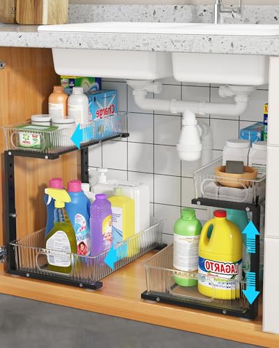 Umdonx 2 Pack Under Sink Storage Kitchen Organiser Pull Out Drawers 2 Tier -5 Height Adjustable Option, Organisation for Bathroom Pantry Cabinet - Black Durable Metal Frame
