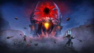 A massive demon with a hellish portal on its back opens it&#039;s glowing mouth with Diablo 4 characters in the foreground