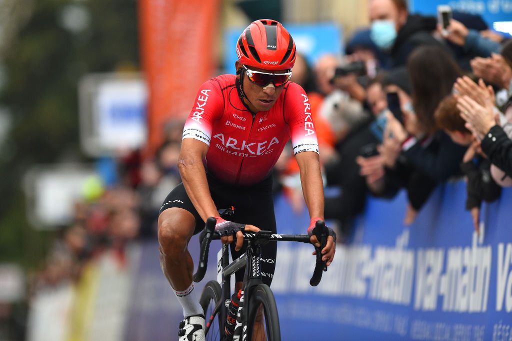 LA TURBIE FRANCE FEBRUARY 19 Nairo Alexander Quintana Rojas of Colombia and Team Arka Samsic crosses the finishing line during the 54th Tour Des Alpes Maritimes Et Du Var Stage 2 a 1491km stage from PugetThniers to La Turbie on February 19 2022 in La Turbie France Photo by Dario BelingheriGetty Images