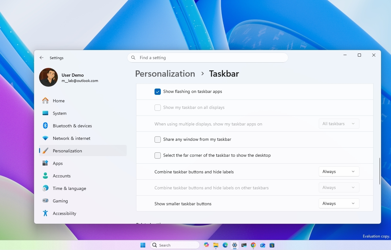 A computer screen displaying Windows 11 settings. The "Personalization" section is open, focusing on taskbar customization options. Soft blue and purple gradient background.