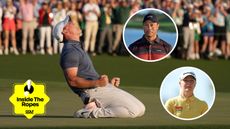 Main image of Rory McIlroy celebrating winning The Masters on his knees with inset images of Tiger Woods (upper right) and Charley Hull (bottom right)