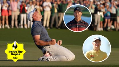Main image of Rory McIlroy celebrating winning The Masters on his knees with inset images of Tiger Woods (upper right) and Charley Hull (bottom right)