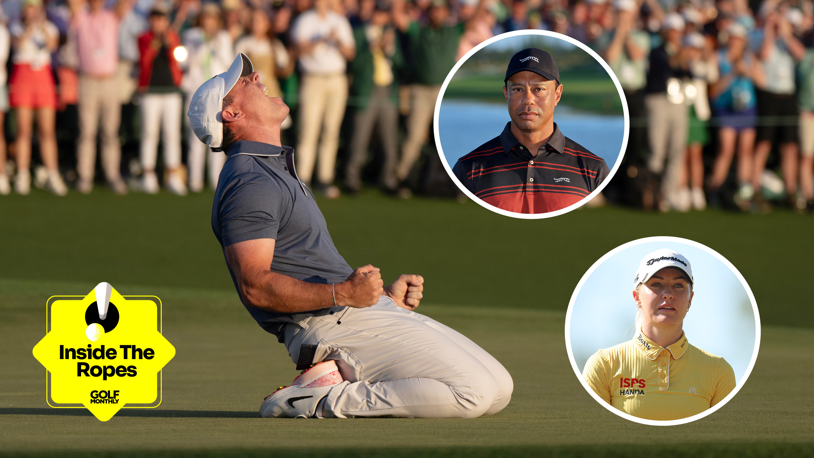 Main image of Rory McIlroy celebrating winning The Masters on his knees with inset images of Tiger Woods (upper right) and Charley Hull (bottom right)